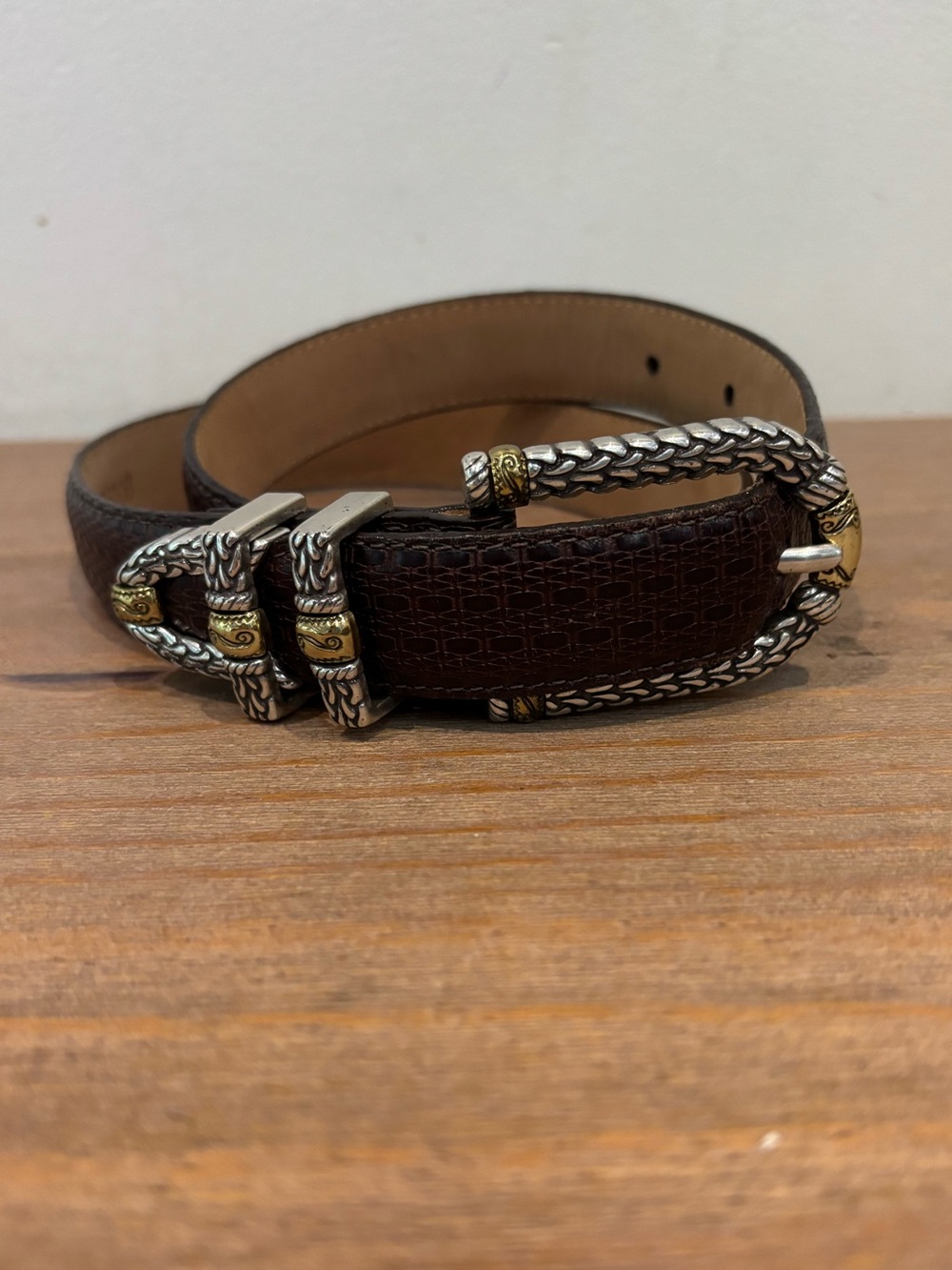 Brighton dark leather silver and brass plated buckle belt S/28
